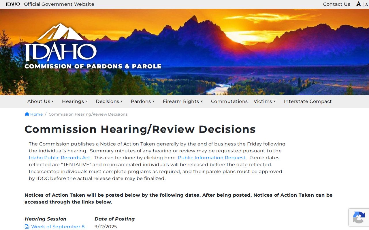 Ada County projected release date parole decision notices